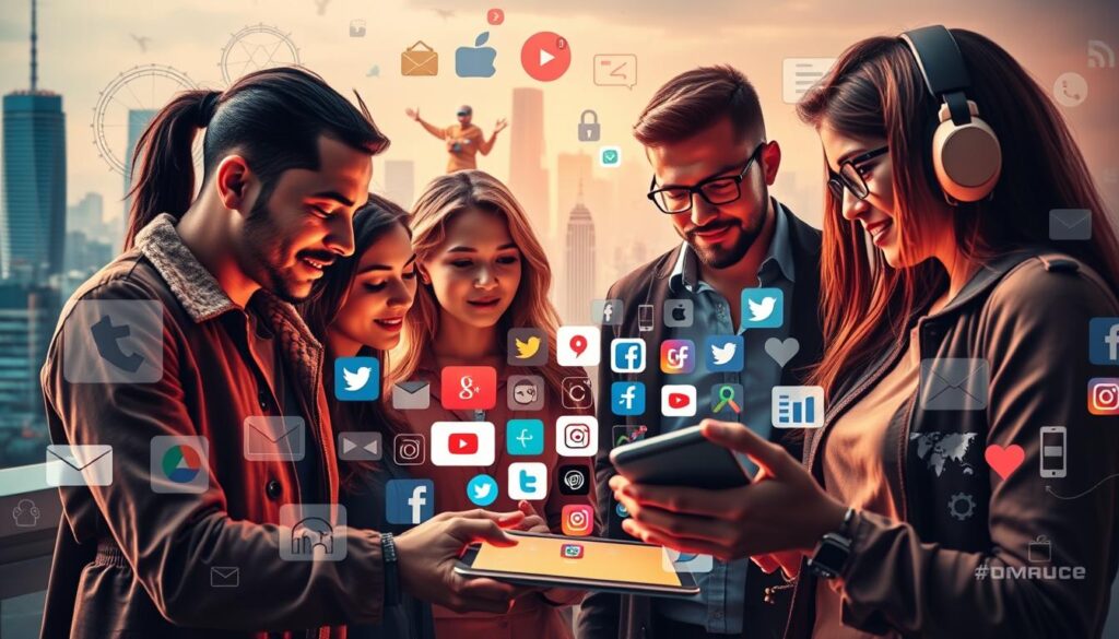 A vibrant and dynamic social media marketing scene, featuring an array of digital devices, platforms, and tools. In the foreground, a group of diverse individuals collaborating on a tablet, their expressions engaged and thoughtful. In the middle ground, a collage of social media icons and logos, representing the various channels and strategies at their disposal. The background depicts a city skyline, alluding to the global reach and impact of social media marketing. Warm lighting casts a sense of energy and creativity, while a subtle, professional tone suggests the importance of this discipline. The overall composition conveys the multifaceted nature of social media marketing and its pivotal role in modern business and digital communication.