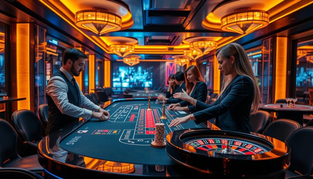 A vibrant and immersive live casino experience unfolds on a sleek, modern table. Skilled dealers guide players through the thrilling gameplay of baccarat, blackjack, and roulette. Warm lighting casts a sophisticated glow, while dynamic camera angles capture the intensity of each spin and deal. The elegant surroundings evoke a sense of luxury, blending seamlessly with the fast-paced action of the games. Players are fully engaged, their faces alight with anticipation as they make strategic decisions and cheer on the outcome. This captivating fusion of entertainment and chance creates a truly captivating live gaming atmosphere.
