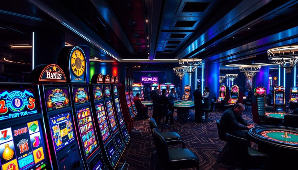 A vibrant and immersive online casino scene, showcasing a variety of classic and contemporary casino games. In the foreground, a high-resolution display presents an alluring array of slot machines, their colorful reels and enticing jackpot symbols drawing the viewer's attention. In the middle ground, the silhouettes of players engaged in the thrill of table games, such as roulette and blackjack, create a sense of excitement and anticipation. The background features a sleek, modern casino interior, with elegant lighting fixtures and a luxurious ambiance, hinting at the exclusive and sophisticated atmosphere of the online entertainment destination. The overall composition conveys the excitement, sophistication, and endless possibilities of the online casino experience.