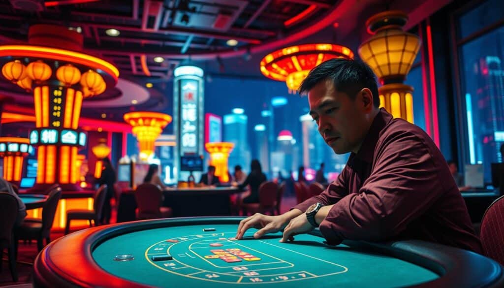 A vibrant and immersive scene showcasing the captivating story of a Taiwanese gambler. In the foreground, a player sits at a baccarat table, their face illuminated by the warm glow of the casino lights, deep in concentration as they make their moves. The middle ground features the lively energy of the casino, with dealers and patrons engaged in the thrill of the game. In the background, a glimpse of the bustling city skyline outside, hinting at the dynamic backdrop that sets the stage for this personal tale of triumph and excitement. The image exudes a sense of atmosphere, capturing the high-stakes drama and the individual's journey within the captivating world of Taiwanese baccarat entertainment.