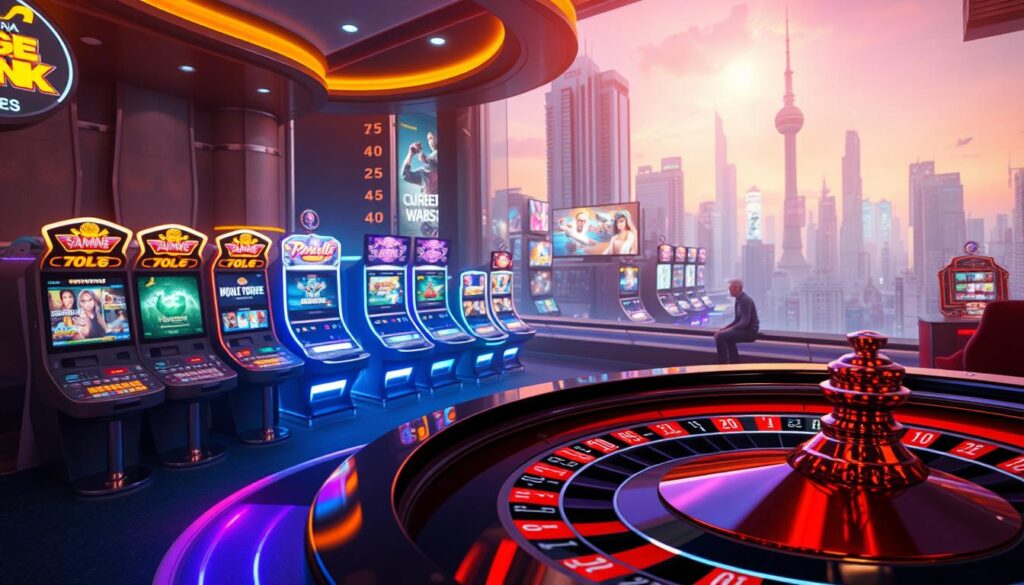 A vibrant and immersive visual representation of the diverse game types found in a state-of-the-art entertainment city. In the foreground, a sleek and stylish casino table with a roulette wheel spinning hypnotically, surrounded by the flashing lights and neon hues of slot machines. The middle ground showcases a range of online gaming consoles, each displaying a different genre - from action-packed first-person shooters to strategic card games and everything in between. In the background, a panoramic view of the entertainment city skyline, with towering skyscrapers and digital billboards showcasing the latest gaming attractions. The scene is bathed in a warm, golden glow, creating an atmosphere of excitement, innovation, and the promise of endless entertainment possibilities.