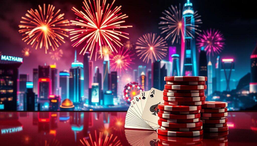 A vibrant and inviting scene showcasing an exclusive online casino's promotional offer. In the foreground, a stack of casino chips and playing cards are artfully arranged, their rich colors and metallic sheen catching the light. In the middle ground, a lush digital landscape unfolds, with neon-lit buildings and glittering skyscrapers reflecting in a sleek, mirrored surface. The background is filled with a dazzling array of fireworks exploding in the night sky, casting a warm, celebratory glow over the entire scene. The overall atmosphere is one of excitement, luxury, and the promise of thrilling rewards for the discerning online casino player.