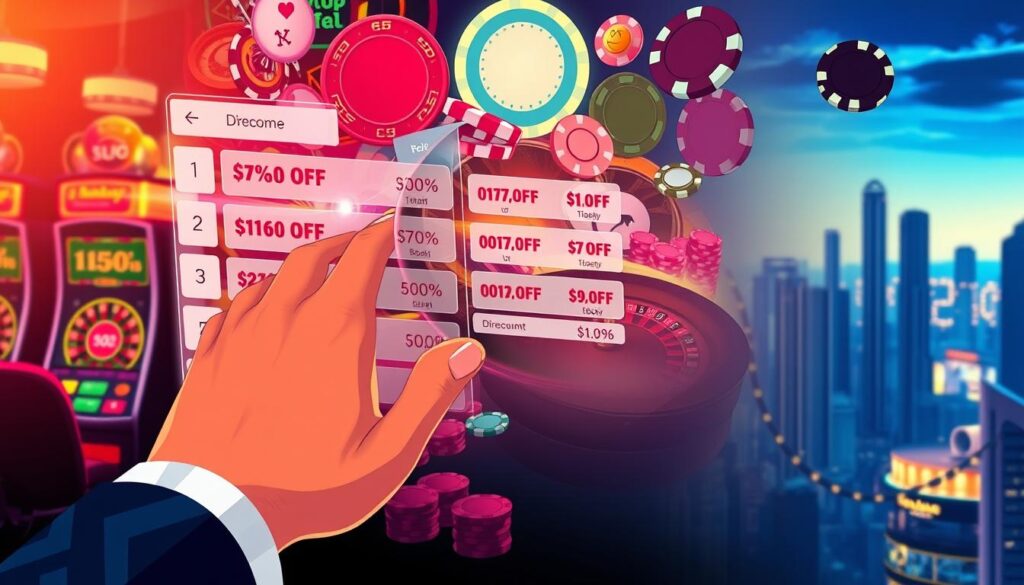 A vibrant and visually engaging illustration showcasing the strategic use of online casino promotional codes. In the foreground, a hand skillfully navigates a digital interface, selecting and applying various discounts and bonuses. The middle ground features a collage of casino imagery, including slot machines, roulette wheels, and poker chips, all bathed in a warm, inviting lighting. The background subtly depicts the skyline of a modern city, hinting at the convenience and accessibility of these online entertainment platforms. The overall composition conveys a sense of expertise, excitement, and the potential for rewarding experiences when leveraging the right promotional codes.