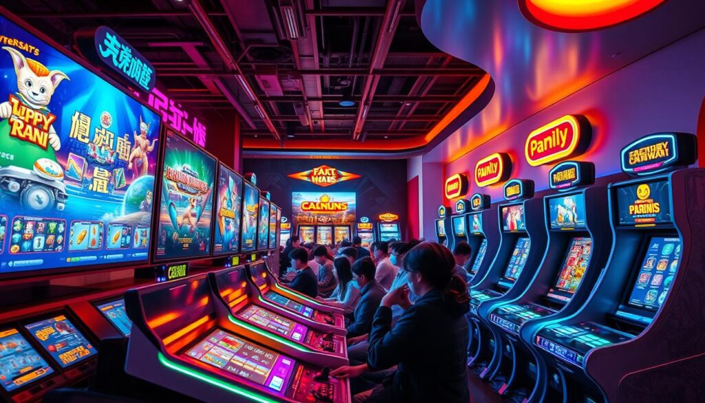 A vibrant arcade setting, with a variety of popular online casino games prominently displayed on large, high-resolution screens. The foreground features colorful neon lights and sleek, modern gaming consoles inviting players to engage. In the middle ground, a crowd of enthusiastic gamers immersed in the thrilling action, their faces lit by the dynamic, ever-changing displays. The background showcases a sleek, futuristic interior design, with smooth surfaces and a touch of sophistication, creating an atmosphere of excitement and cutting-edge entertainment. Warm, vibrant lighting illuminates the scene, capturing the energy and allure of the hottest gaming trends attracting players in Taiwan.