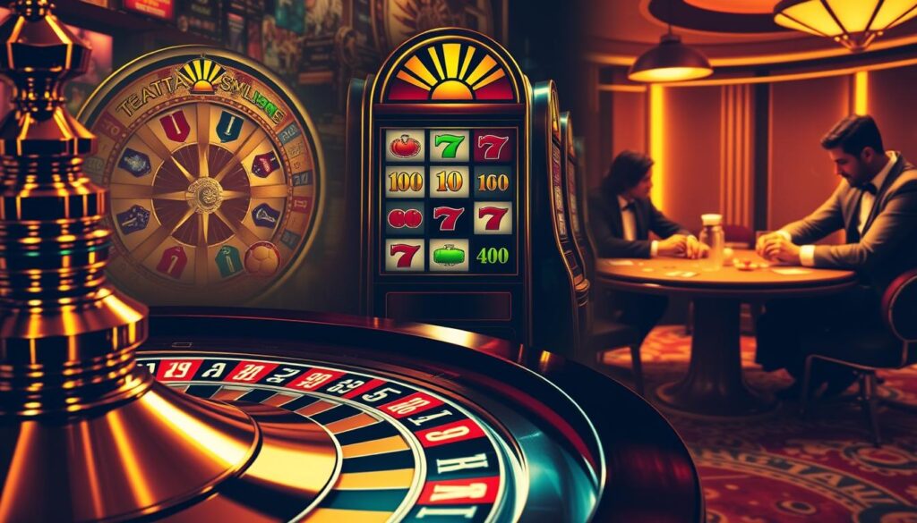 A vibrant casino-inspired scene featuring a montage of different game types, each represented by distinct visual motifs. In the foreground, a roulette wheel spins, its gleaming metallic spokes and multi-colored sectors casting dramatic shadows. In the middle ground, a series of slot machine reels, their symbols a dazzling array of gems, bars, and lucky sevens. In the background, a high-stakes poker game unfolds, the players' faces obscured in dramatic chiaroscuro lighting. Warm, golden tones permeate the scene, evoking a sense of excitement and anticipation. The overall composition suggests the diverse range of games and their respective impacts on players' fortunes, hinting at the complexities explored in the article.