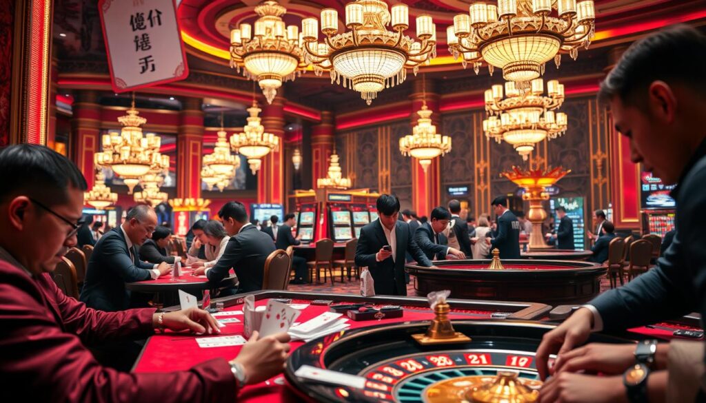 A vibrant casino scene in Macau, capturing the energy and thrill of the gambling tables. The foreground showcases a group of players intensely focused on their hands, surrounded by the gleam of red and gold decor. In the middle ground, dealers expertly shuffle cards and spin roulette wheels, while the background is filled with the grandeur of towering chandeliers and ornate architectural details. The lighting is warm and inviting, creating a sense of excitement and anticipation. The mood is one of concentration and strategic thinking, reflecting the "wisdom strategy" of successful Macau casino players.