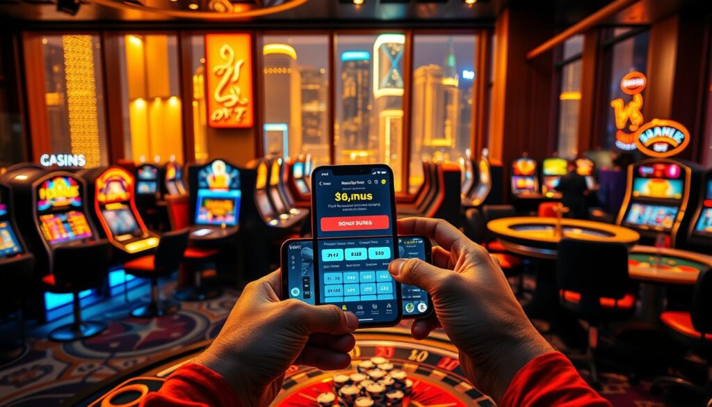 A vibrant casino-themed scene of a player using bonus funds and promotional offers to boost their gaming success. In the foreground, the player's hands carefully arrange casino chips and a smartphone displaying digital bonus credits. The middle ground showcases an array of slot machines, roulette wheels, and other gaming tables, all bathed in a warm, golden light. In the background, the glittering cityscape of an online gambling hub is visible through large windows, creating a sense of immersion and excitement. The overall mood is one of strategic financial planning, calculated risk-taking, and the thrill of potential winnings.