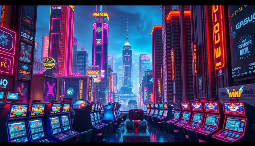 A vibrant cityscape of a thriving online entertainment hub, bathed in a warm, neon-infused glow. In the foreground, an array of sleek, futuristic gaming terminals beckon players, their screens flickering with dazzling graphics. The middle ground features towering skyscrapers, their facades adorned with holographic displays showcasing the latest virtual offerings. In the distance, a bustling metropolis stretches out, its streets alive with the constant flow of digital activity. The scene conveys a sense of technological innovation, immersive experiences, and the evolution of modern entertainment, capturing the essence of the dynamic online casino industry.