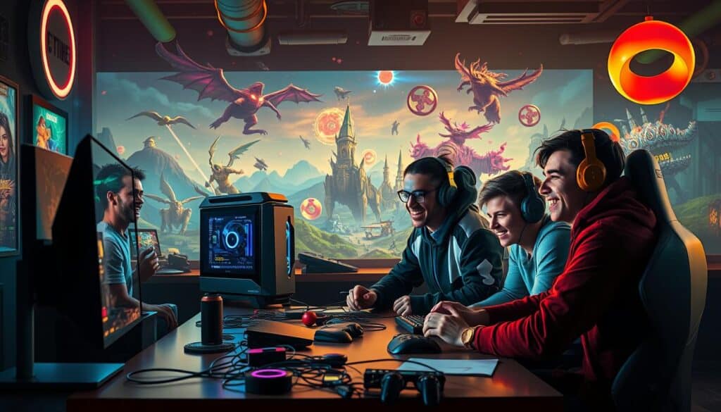 A vibrant, colorful scene showcasing the pure joy and excitement of gaming. In the foreground, a group of friends gathered around a table, deeply immersed in a competitive video game, their faces lit with expressions of thrill and concentration. The middle ground features a cozy gaming setup, with a sleek, high-end gaming PC, a state-of-the-art gaming chair, and a tangle of wires and peripherals. The background depicts a lively, stylized game world, with fantastical landscapes, mythical creatures, and dynamic, particle-filled effects. The lighting is warm and inviting, casting a soft glow over the entire scene, and the overall atmosphere is one of pure, unbridled gaming bliss.