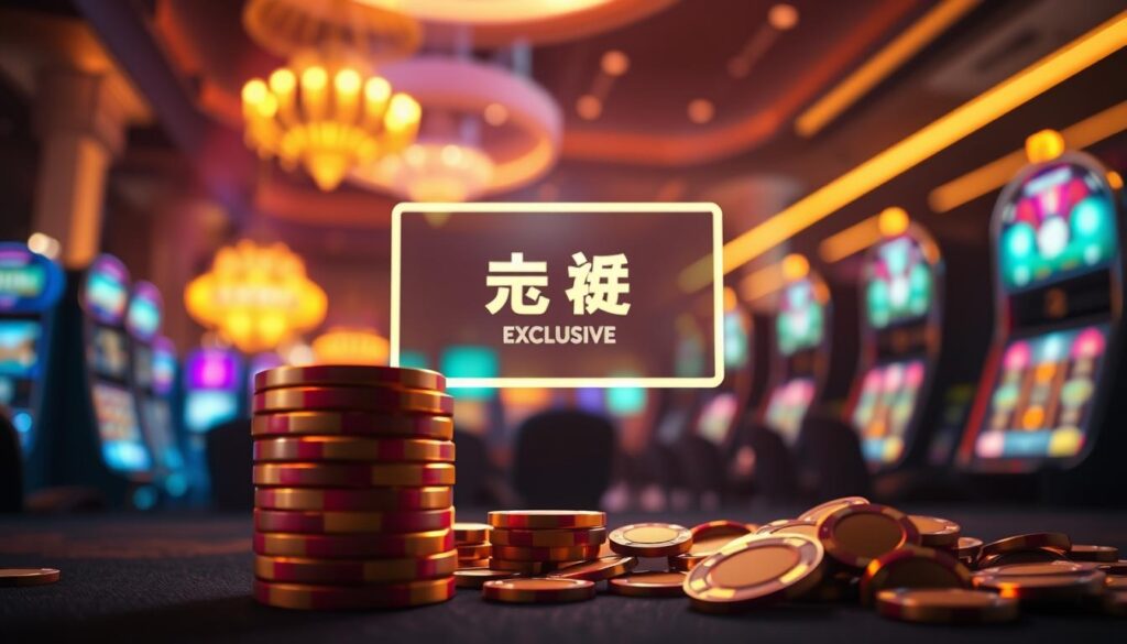 A vibrant digital casino scene, showcasing an exclusive player promotion. In the foreground, a stack of casino chips and glittering golden coins, radiating a warm, enticing glow. In the middle ground, a sleek, modern interface displays the "玩家獨家優惠" title, with elegant typography and subtle animations. The background features a blurred, dimly lit casino interior, complete with the subtle sounds of slot machines and the energy of high-stakes gaming. The overall mood is one of excitement, exclusivity, and the thrill of winning big. Lit by soft, diffused lighting that casts a dreamlike atmosphere, this image captures the essence of a unique, VIP-level casino promotion.