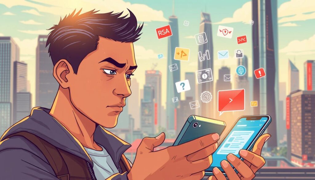 A vibrant, digital illustration depicting the concept of "防範詐騙" (Fraud Prevention). The foreground features a vigilant individual carefully examining a smartphone screen, their expression exuding caution and alertness. In the middle ground, various online transaction icons and symbols hover, symbolizing the digital landscape where fraudulent activities can occur. The background showcases a cityscape, with towering skyscrapers and a sleek, modern aesthetic, representing the technological advancements that enable both legitimate and illicit online activities. The overall scene is illuminated by a warm, natural light, casting subtle shadows and creating a sense of depth and realism. The mood is one of heightened awareness and the importance of proactive measures to safeguard against fraudulent schemes.