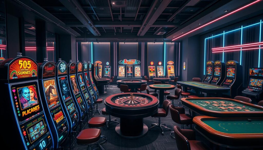 A vibrant display of popular online casino games, set against a backdrop of a modern, sleek gaming environment. In the foreground, enticing slot machines with intricate designs and captivating themes draw the eye, their flashing lights and spinning reels hinting at the thrill of potential winnings. In the middle ground, a variety of classic table games, such as roulette and blackjack, are expertly rendered, their felt surfaces and polished wooden tables exuding an air of elegance. The background blends a sophisticated color palette of dark grays and blues, punctuated by the subtle glow of neon accents, creating an atmosphere of anticipation and excitement. Dramatic, high-contrast lighting casts dramatic shadows, further enhancing the dramatic, cinematic quality of the scene. The overall image conveys the allure and popularity of these engaging online casino games, setting the stage for an immersive and rewarding gaming experience.