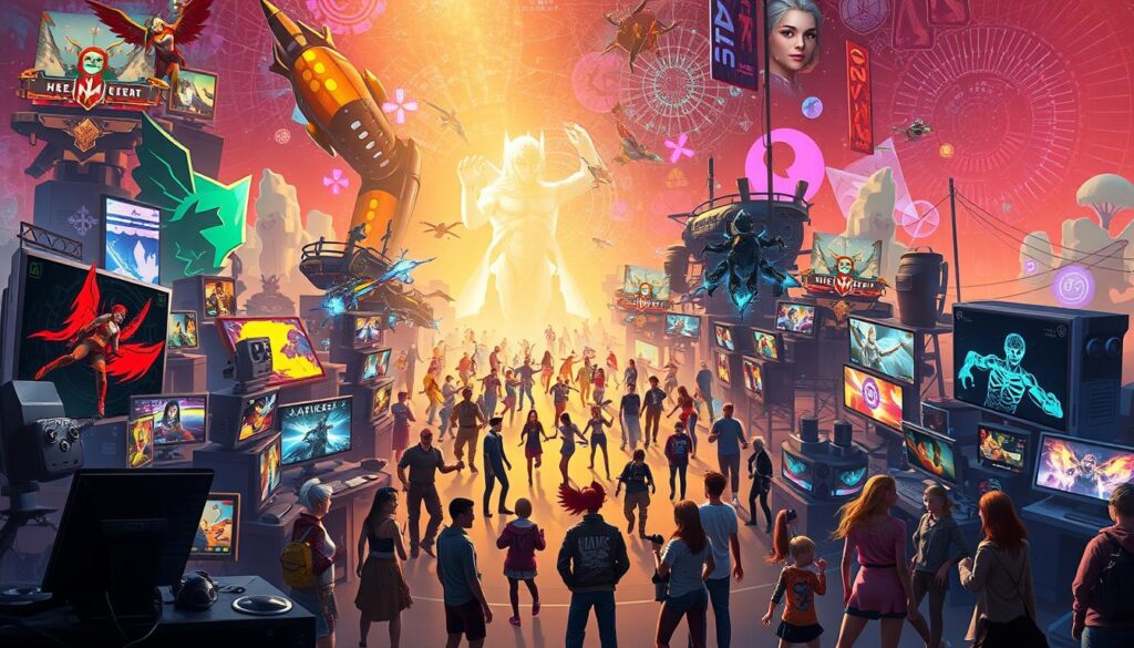 A vibrant, diverse landscape of online gaming experiences, showcasing the breadth and depth of modern entertainment. In the foreground, a variety of engaging game genres unfold, from fast-paced action to immersive role-playing, each with its own distinctive visual style and captivating mechanics. In the middle ground, players of all ages and backgrounds come together, their avatars dancing and interacting in a colorful, interconnected virtual world. The background is a kaleidoscope of abstract patterns and shapes, representing the boundless potential and continuous evolution of the digital gaming realm. Warm, natural lighting filters through, creating a sense of depth and welcoming atmosphere. The overall composition conveys the idea of a thriving, multifaceted gaming ecosystem, catering to the diverse interests and preferences of modern players.