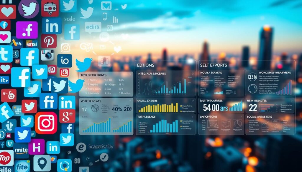 A vibrant, dynamic comparison of leading social media platforms, captured in a high-resolution, wide-angle photograph. The foreground features a collage of platform logos - Facebook, Twitter, Instagram, LinkedIn, and others - arranged in an engaging, visually striking layout. The middle ground showcases detailed infographics and statistical charts, providing a data-driven analysis of each platform's user base, engagement metrics, and key features. The background offers a blurred, out-of-focus cityscape, symbolizing the expansive, ever-evolving digital landscape in which these social platforms thrive. The lighting is crisp and evenly distributed, creating a sense of clarity and professionalism. The overall composition conveys a comprehensive, well-researched comparison of the social media ecosystem, making it an ideal visual accompaniment to the "SEO社群平台選擇指南" article.