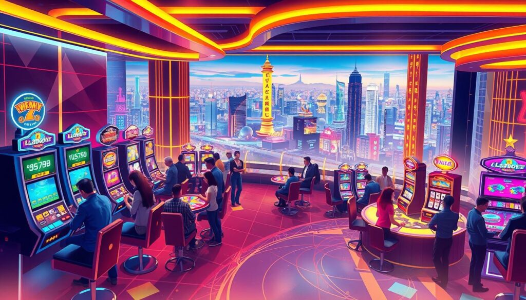 A vibrant, dynamic illustration showcasing the player benefits of the Aladdin Entertainment Casino. In the foreground, a group of excited players engage with various gaming activities - slots, table games, and more - captured in a crisp, high-resolution rendering. The middle ground features a sleek, modern casino interior with lush materials and warm lighting, conveying a sense of luxury and sophistication. In the background, a panoramic cityscape of Taipei's skyline sets the scene, hinting at the casino's urban setting and thriving local gaming culture. The overall composition strikes a balance between energetic player interaction and an aspirational, premium brand aesthetic, inviting the viewer to immerse themselves in the Aladdin Entertainment experience.