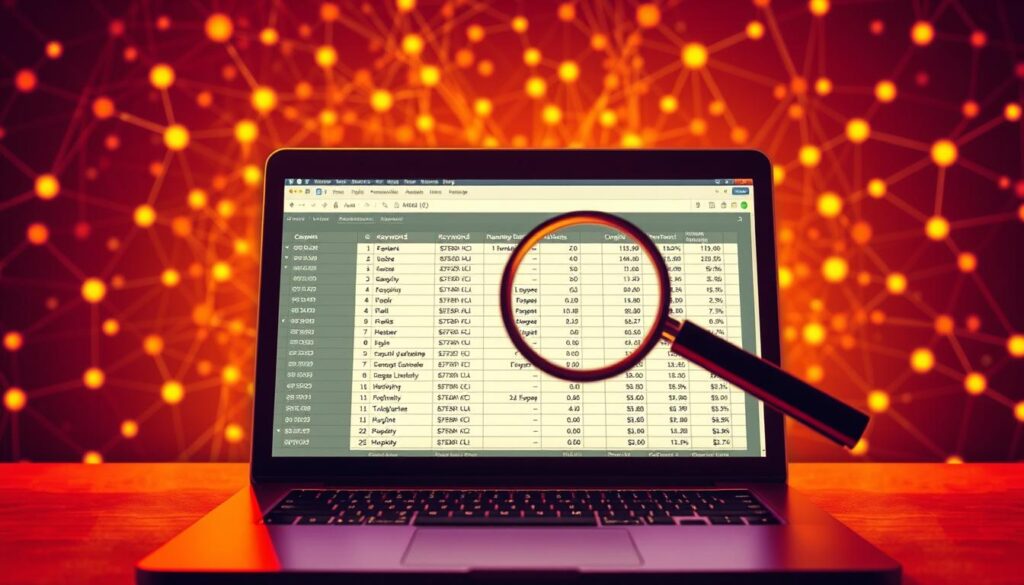 A vibrant, high-contrast image showcasing the key elements of an effective SEO keyword strategy. In the foreground, a glowing laptop screen displays a spreadsheet of meticulously curated keywords, their search volume, and competitive analysis. In the middle ground, a magnifying glass hovers over the screen, symbolizing the diligent research process. The background is a dynamic landscape of interconnected digital nodes, representing the complex web of online search optimization. Lighting is warm and focused, creating depth and emphasizing the importance of the task at hand. The overall mood is one of analytical precision and strategic planning, setting the stage for a successful SEO campaign.
