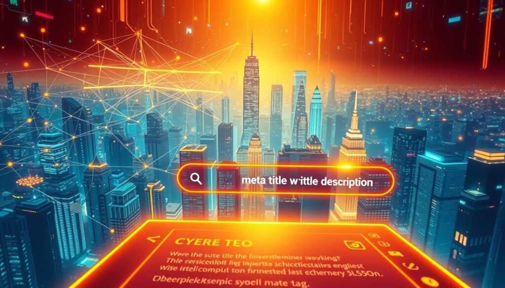 A vibrant illustration showcasing the importance of meta tags in SEO. In the foreground, a glowing search engine interface displays a well-crafted meta title and description, drawing the viewer's attention. In the middle ground, a network of interconnected web pages and nodes represents the intricate web of online content, with meta tags acting as the invisible yet critical connectors. The background features a cityscape of skyscrapers, symbolizing the competitive landscape of digital marketing, where optimizing meta tags can make the difference between visibility and obscurity. The scene is illuminated by a warm, golden light, conveying the value and significance of meta tag optimization for improving search engine rankings and driving organic traffic.