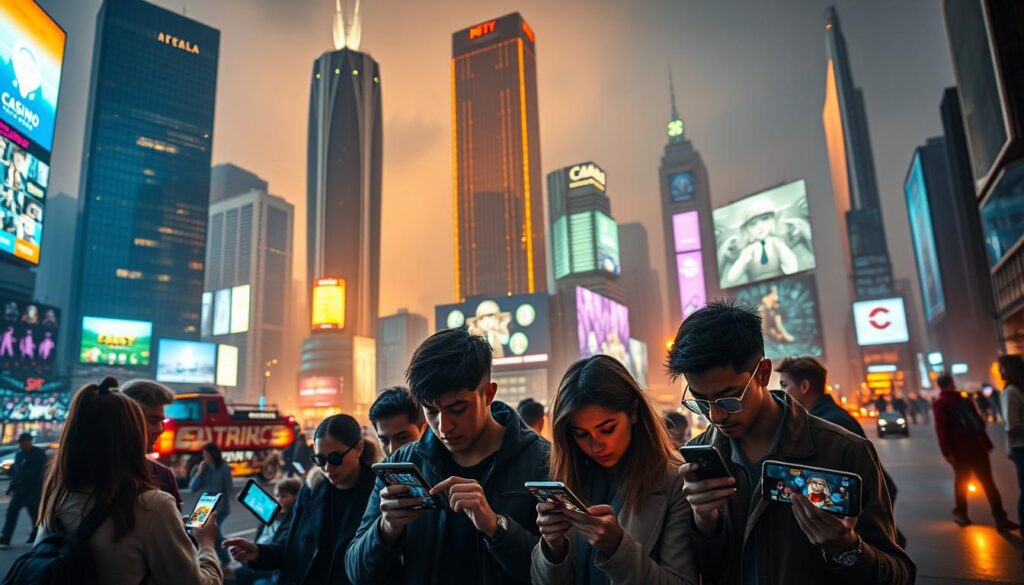 A vibrant mobile gaming scene set in a contemporary city skyline. In the foreground, a group of people intently engaged on their smartphones, immersed in dynamic casino-style games. The middle ground features towering skyscrapers and neon-lit billboards, creating an urban, high-tech atmosphere. Warm lighting casts a golden glow, evoking a sense of energy and excitement. The background blends seamlessly, with hazy silhouettes of bustling pedestrians and traffic, capturing the pulse of a thriving metropolis. The overall composition conveys the rise of mobile gambling, highlighting the seamless integration of technology and entertainment in modern urban life.