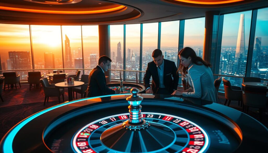 A vibrant, modern casino scene set in the year 2025. In the foreground, a digital roulette table with glowing neon-lit edges and a holographic display of spinning numbers. Smartly-dressed players lean in, their faces illuminated by the table's pulsing lights. In the middle ground, a grand, sleek casino interior with high ceilings, minimalist decor, and floor-to-ceiling windows offering panoramic city views. The background features the glittering skyline of a futuristic metropolis, bathed in a warm, golden glow from the setting sun. Soft, indirect lighting casts a cozy, inviting atmosphere throughout the scene. A sense of energy, excitement, and technological innovation permeates the image, reflecting the best of what the 2025 online casino experience has to offer.