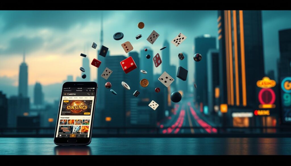 A vibrant, modern online casino scene with a sleek, minimalist design. The foreground features a smartphone or tablet displaying a casino homepage, its screen illuminated with a warm, inviting glow. In the middle ground, an array of casino gaming icons, such as playing cards, dice, and slot machine symbols, float weightlessly, creating a sense of energy and excitement. The background depicts a stylized cityscape, with futuristic skyscrapers and neon-lit streets, reflecting the high-tech, urban atmosphere of the online casino experience. The lighting is soft and atmospheric, with a muted color palette of blues, grays, and golds, conveying a sense of sophistication and elegance. The overall composition suggests the thrill and allure of online gambling in a visually compelling and modern way.