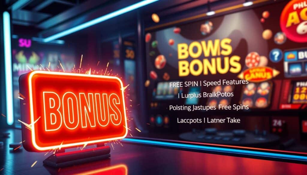 A vibrant online casino promotion scene set in a sleek, modern interface. In the foreground, a larger-than-life, neon-trimmed bonus offer flashing and beckoning with dynamic animation. In the middle ground, cascading icons and graphics highlighting various bonus features, free spins, and lucrative jackpots. The background features a blurred, atmospheric backdrop of casino games and symbols, creating a sense of energy and anticipation. The lighting is crisp and alluring, with strategic use of chiaroscuro to draw the eye. The overall composition is balanced and visually striking, evoking the excitement and potential rewards of online casino promotions.