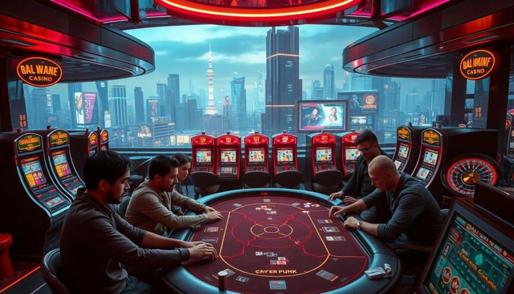 A vibrant online casino scene, with a central gaming table surrounded by a variety of slot machines, poker tables, and roulette wheels. The atmosphere is sleek and modern, with neon lighting accents and a hint of luxury. In the foreground, a group of players engrossed in a high-stakes poker game, their expressions animated and competitive. The middle ground features a row of slot machines, their screens flashing with dazzling graphics and enticing jackpot displays. In the background, a panoramic view of a futuristic cityscape, with skyscrapers and neon-lit billboards, creating a sense of urban excitement and energy. The overall lighting is warm and inviting, with a touch of chiaroscuro to highlight the drama and tension of the gaming experience.