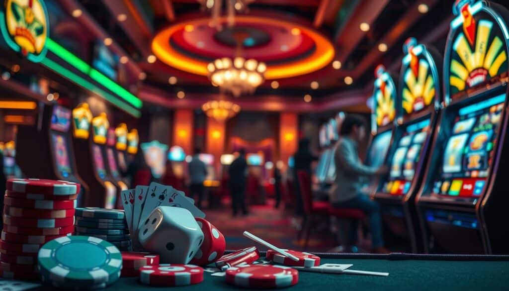 A vibrant online casino scene, with a variety of popular game icons and symbols prominently displayed. The foreground features casino chips, dice, playing cards, and slot machine reels spinning against a blurred backdrop of a dimly lit, luxurious casino interior. Soft, warm lighting casts a sophisticated ambiance, while the middle ground showcases silhouettes of players engaged in lively gameplay. The background subtly hints at the glamour and excitement of a thriving online casino, creating an immersive and enticing atmosphere for the viewer.