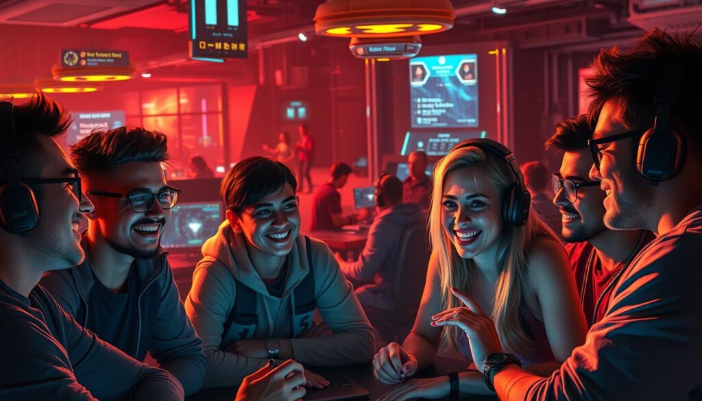 A vibrant online gaming community, with players enthusiastically sharing their experiences. In the foreground, a group of gamers engaged in lively discussion, their expressions animated and their gestures animated as they recount their latest victories and challenges. In the middle ground, a virtual lobby bustling with activity, players interacting through text and voice, exchanging tips and strategies. The background depicts an immersive gaming environment, with sleek, futuristic interfaces and dynamic visual effects. The lighting is warm and inviting, creating a sense of camaraderie and shared passion. The overall atmosphere conveys a strong, interactive player community where knowledge and excitement are freely exchanged.