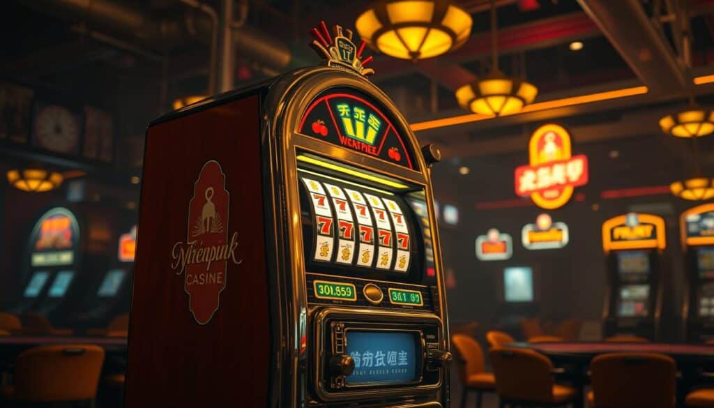 A vintage-styled slot machine stands center stage, its polished chrome and colorful reels gleaming under warm, golden lighting. The machine's facade is adorned with classic symbols - cherries, sevens, and bells - hinting at the thrilling prospect of a big win. In the background, a dimly lit casino setting unfolds, with the muted glow of neon signs and the occasional glimpse of other gaming tables. The overall atmosphere evokes a sense of anticipation and the allure of chance, perfectly capturing the essence of a traditional "老虎機" experience.
