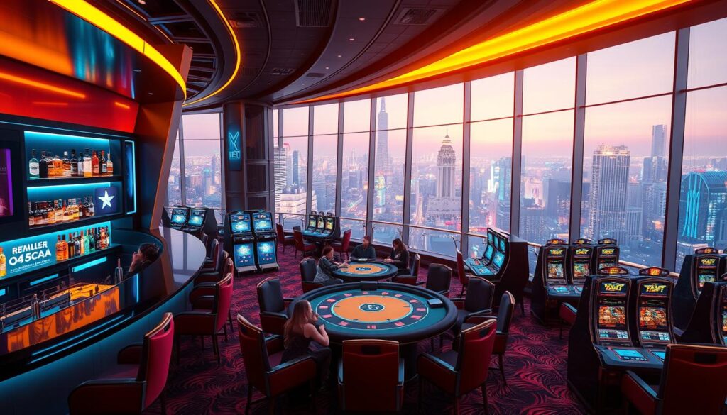 A visually striking interior scene of a modern 1xbet casino, bathed in a warm, inviting glow. In the foreground, a sleek, curving bar with backlit shelves of premium liquor bottles. Elegant, high-backed chairs in rich, jewel-toned velvets surround a central gaming table, where players are engaged in lively rounds of blackjack. The middle ground features rows of state-of-the-art slot machines, their screens flickering with vibrant, hypnotic animations. In the background, a panoramic window offers a breathtaking view of a bustling, neon-lit cityscape, creating a sense of urban sophistication. The overall atmosphere is one of excitement, luxury, and the promise of thrilling entertainment.
