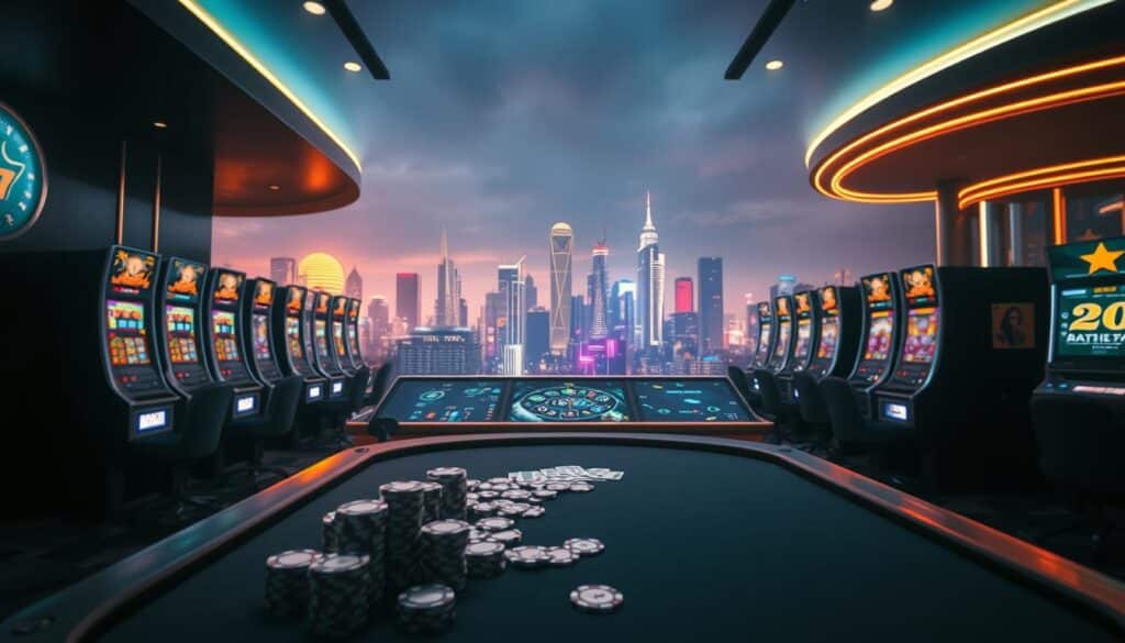 A visually striking online casino scene, with a sleek, modern aesthetic. In the foreground, a gently lit gaming table with an array of poker chips and playing cards, inviting the viewer to immerse themselves in the thrilling atmosphere. The middle ground features rows of slot machines, their vibrant displays and flashing lights creating an air of anticipation and excitement. In the background, a panoramic view of a bustling city skyline, its towering skyscrapers and neon-lit signage reflecting the energy and dynamism of the virtual gambling environment. Soft, diffused lighting casts a warm, inviting glow over the entire scene, capturing the allure and sophistication of an exceptional online casino experience.