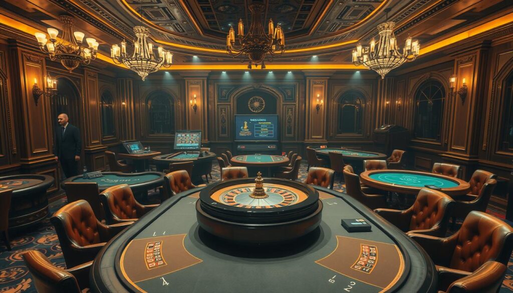 A well-lit casino interior with a central gaming table showcasing a variety of casino games, including roulette, blackjack, and baccarat. The table is surrounded by leather-upholstered chairs, and the walls feature ornate moldings and chandeliers, creating an atmosphere of sophistication and elegance. The lighting is warm and inviting, with a subtle hint of mystery. The camera angle is slightly elevated, providing a panoramic view of the gaming options available to discerning players. The overall scene conveys a sense of exclusivity and the thrill of strategic gameplay.