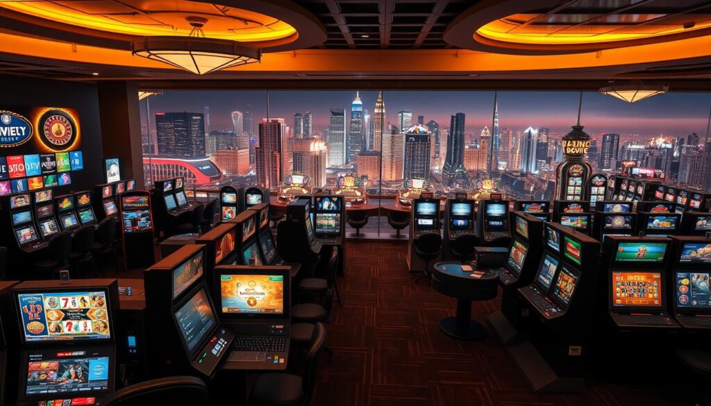 A well-lit casino interior, with rows of sleek, modern online gambling terminals occupying the foreground. In the middle ground, a diverse array of game types is displayed, including virtual slot machines, roulette wheels, card tables, and digital sports betting kiosks. The background features a panoramic view of a bustling metropolitan skyline, hinting at the global scale and connectivity of the online casino experience. Soft, warm lighting creates an inviting ambiance, while subtle details like neon signage and animated game interfaces convey a sense of high-tech sophistication. The overall composition emphasizes the variety, accessibility, and immersive nature of modern online casino gaming.