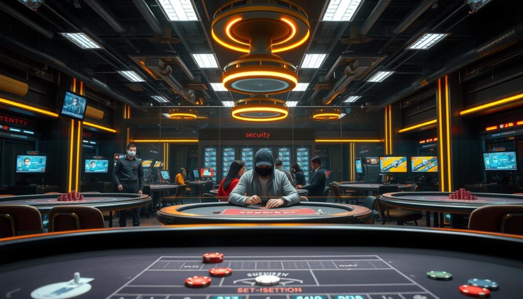 A well-lit online casino interior with a focus on security and safety protocols. In the foreground, a sleek, modern gaming table with high-tech security features like facial recognition and chip tracking. In the middle ground, a group of players engaged in gameplay, their faces obscured to protect privacy. The background showcases the casino's robust security infrastructure, including discreet surveillance cameras, secure server rooms, and a team of trained security personnel monitoring the premises. The overall atmosphere conveys a sense of trust, fairness, and responsible gaming, creating an environment where players can engage in their favorite casino games with confidence.