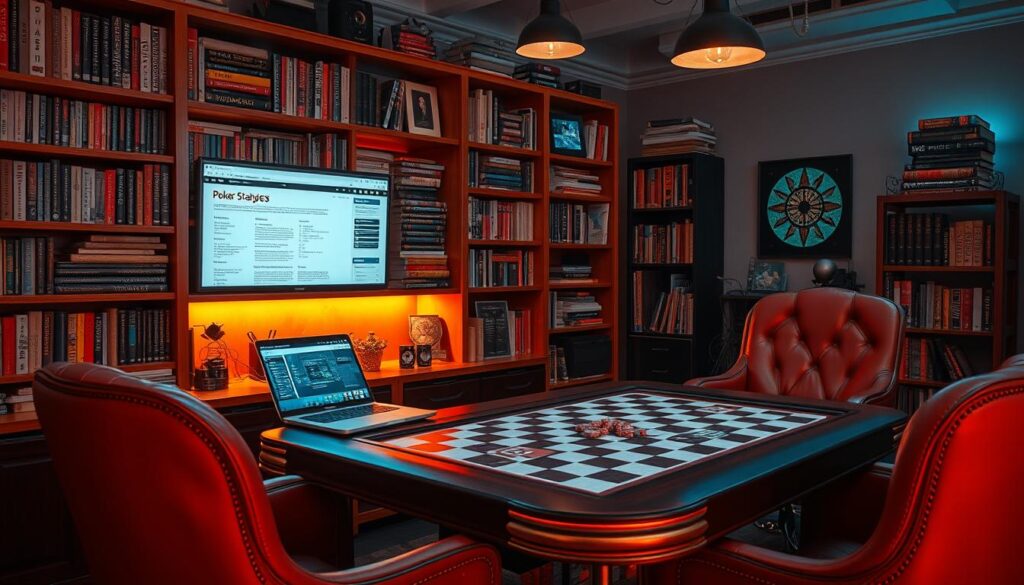 An elaborate study space for poker enthusiasts, showcasing a well-stocked bookshelf filled with poker strategy guides, a laptop displaying online poker resources, and a chessboard-inspired poker table illuminated by soft ambient lighting. The scene evokes a contemplative, educational atmosphere, inspiring serious players to elevate their game through immersive learning. The image captures the dedication and focus required to master the complexities of Texas Hold'em poker.