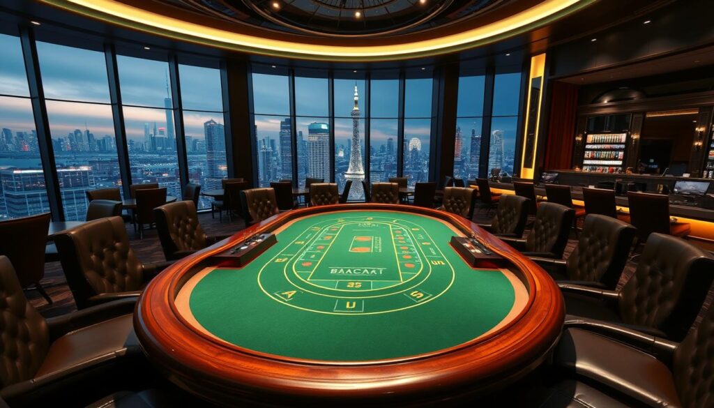 An elegant casino interior with a large, well-lit baccarat table in the center, surrounded by plush leather chairs and sophisticated décor. The table is adorned with luxurious green felt, shiny wooden edges, and a subtle, warm lighting that sets a refined, inviting atmosphere. In the background, a panoramic view of a bustling cityscape through floor-to-ceiling windows, hinting at the modern, online nature of this gaming experience. The overall scene conveys a sense of exclusivity, sophistication, and the latest trends in virtual casino gaming.