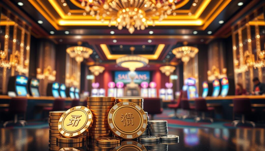 An elegant online casino banner showcasing a range of digital casino chips and bonus offer codes against a backdrop of shimmering lights and a sleek, modern casino interior. The foreground features a stack of gold and silver casino chips with a prominent "折扣碼" label, while the middle ground showcases various casino-themed icons such as dice, playing cards, and slot machine symbols. The background depicts a high-end casino setting with rich, luxurious furnishings, subtle lighting, and a sense of exclusivity. The overall composition conveys a sophisticated, alluring, and inviting atmosphere for online casino enthusiasts seeking attractive promotional offers.