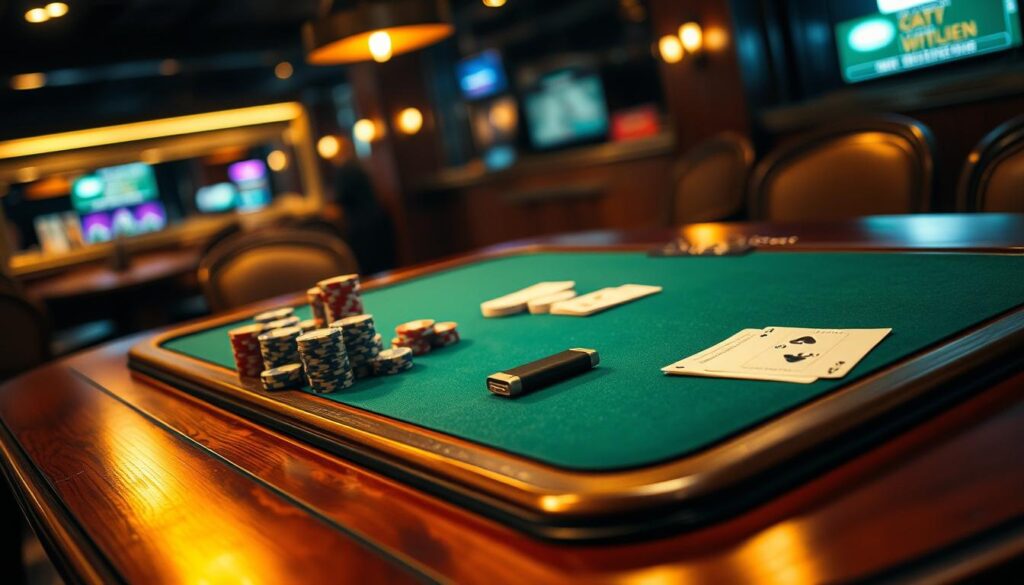 An elegant wooden table with a green felt surface, illuminated by warm overhead lighting. On the table, an assortment of poker chips, playing cards, and a small notebook placed strategically, hinting at the careful planning and strategy behind the game. The background is slightly blurred, creating a focused, meditative atmosphere, inviting the viewer to immerse themselves in the mental preparation for a high-stakes poker session. The image exudes a sense of concentration, discipline, and the anticipation of a challenging, yet rewarding, gaming experience.