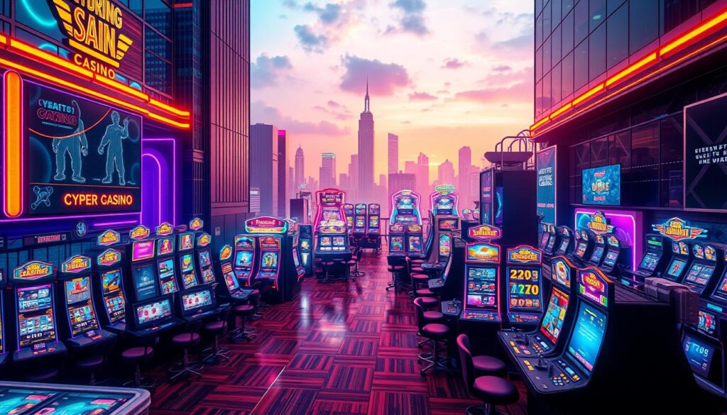 An expansive online casino landscape, with sleek digital interfaces and vibrant neon accents. In the foreground, an immersive gaming experience unfolds, featuring a variety of table games and slot machines against a backdrop of skyscrapers and a city skyline. The lighting is dynamic, casting a warm, inviting glow over the scene, highlighting the excitement and allure of the virtual gaming hall. The composition emphasizes the seamless integration of technology and entertainment, conveying the convenience and accessibility of modern online gambling. Overall, the image captures the essence of the contemporary online casino, showcasing its sophistication, versatility, and the boundless possibilities of digital leisure.
