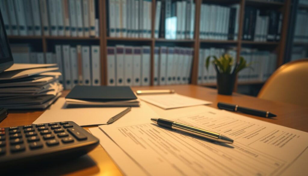 An organized desk with meticulously arranged financial documents, a calculator, and a pen resting on top. The lighting is soft and warm, creating a focused and contemplative atmosphere. In the background, a bookshelf filled with reference materials and financial planning guides, conveying a sense of expertise and diligence. The overall composition suggests a well-structured approach to managing financial resources, reflecting the careful and strategic nature of the "掌握資金的分配" section.