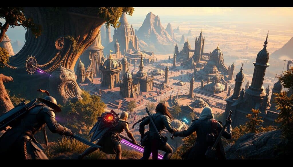 Stunning 3D game scene with vibrant, photorealistic graphics. In the foreground, a group of fantasy characters engaged in an intense battle, their movements and expressions conveying a sense of dynamic action. The middle ground features a sprawling, meticulously detailed open-world environment, with lush vegetation, towering structures, and intricate architectural elements. The background showcases a breathtaking, cinematic landscape, bathed in warm, golden lighting that casts dramatic shadows and highlights the intricate textures of the scene. The overall composition and lighting create a captivating, immersive atmosphere that would captivate any player.