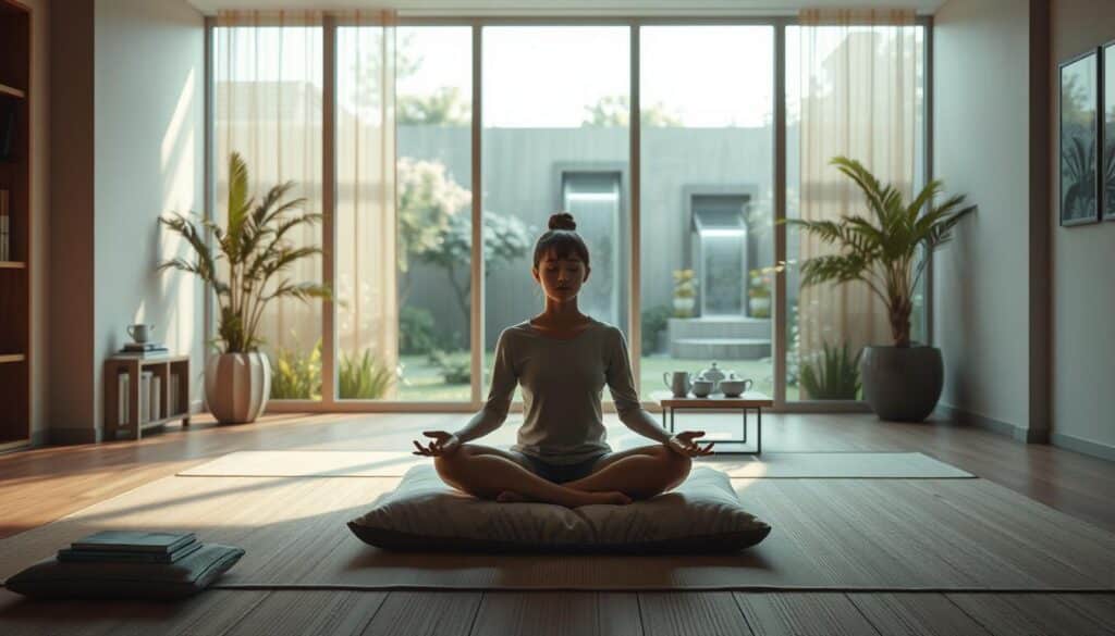 Tranquil meditation room with soft natural lighting, calming colors, and minimalist decor. In the foreground, a person sits cross-legged on a plush cushion, eyes closed, hands relaxed on their lap, exuding an aura of serenity and focus. In the middle ground, a small table with a tea set and a stack of books. The background features a large window overlooking a serene garden, with lush greenery and a gentle waterfall. The overall atmosphere evokes a sense of inner peace, mindfulness, and emotional balance.