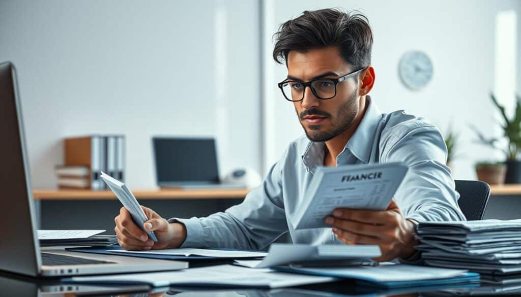 a detailed and realistic image of a person carefully managing their financial resources, with a focused and thoughtful expression, sitting at a desk surrounded by financial documents, ledgers, and a laptop or tablet, with a sense of control and organization conveyed through the composition and lighting, creating an atmosphere of responsible money management against a clean, modern office background, using a medium-wide angle lens and natural yet directional lighting to emphasize the subject's engagement with their financial tasks